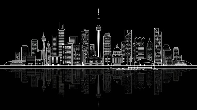 Cityscape illustration of Toronto skyline at night reflected in water Pedro Tavi