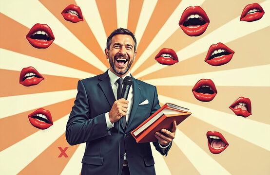 Man in suit talks into microphone with open mouths around. He holds a book, possibly a script. Background has radial lines and a large red X.