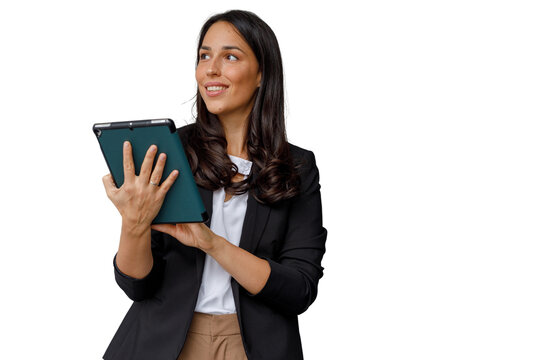 Professional woman using digital tablet, smiling and looking away, business technology concept on transparent background