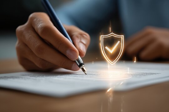 a close up view of a person's hands and a desk. a dark blue pen is used to sign a document on a light brown wooden surface digital shield graphic with a checkmark Generative AI