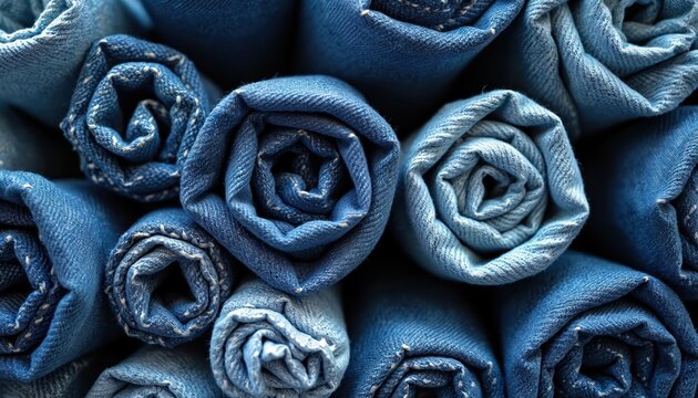 Rolled blue denim jeans neatly stacked. Close-up texture view of cotton fabric rolls. Blue jeans arranged in pile for storage or display. Casual wear material closeup.