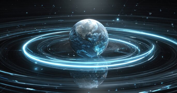 Digitally rendered earth in a cosmic environment with glowing energy rings