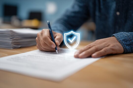 a close up, eye level shot shows the hands and forearms of a person seated at a light brown wooden table, signing a document with a dark blue pen digital shield icon with a checkmark Generative AI