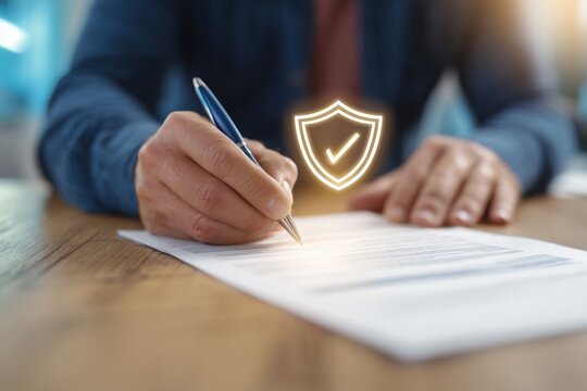 a close up, low angle, horizontal shot of a person sitting at a light brown wooden desk, signing a document with a dark blue pen in their right hand a glowing white and gold shield icon Generative AI