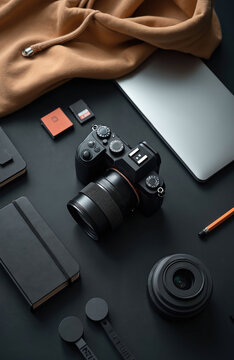 Digital camera gear arranged on black surface. Includes laptop, lens, SD cards, notebooks, and hoodie. Ideal for content creators, bloggers, or hobbyists.