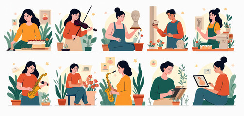 Fototapeta premium Diverse people engage in creative hobbies. Woman bakes cake, plays violin, sculpts art. Man carves bust, artist draws, another plays saxophone. Group enjoys varied occupations and crafts indoors.