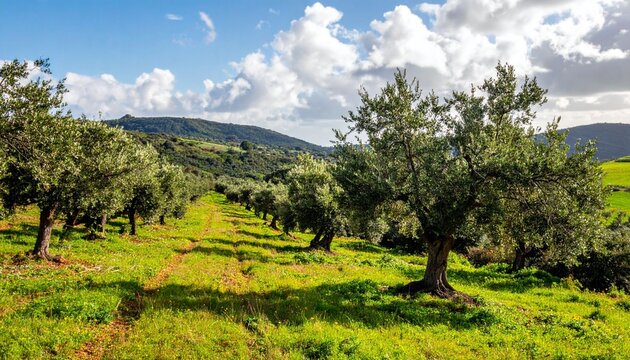 Olive orchard landscape under cloudy sky