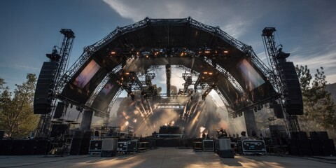 Fototapeta premium Large concert stage structure with lights and sound equipment against a blue sky