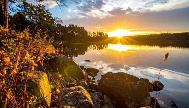 Sunset over lake with trees and rocks