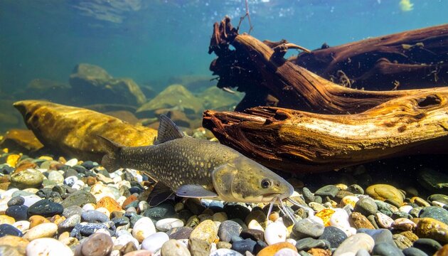 Underwater fish and log composition