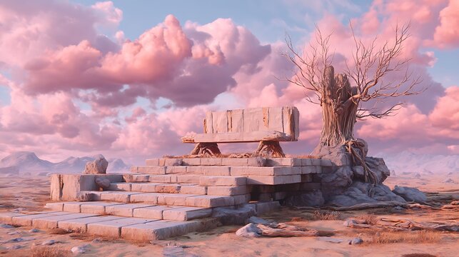 Dramatic desert landscape at sunset with abandoned wooden house and dead tree abandoned house