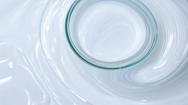Swirling white cream flows around a glass bowl, creating a smooth, continuous motion, highlighting the texture and sheen of the mixture in a bright setting
