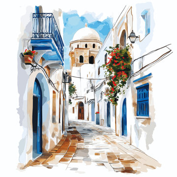 Tunis Medina. Tunis Medina hand drawn watercolor illustration on white background