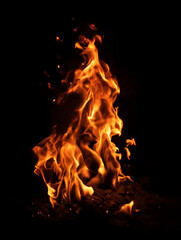 Fototapeta premium Realistic Single Fire Flame with Intense Orange and Yellow Light Isolated on Pure Black Background