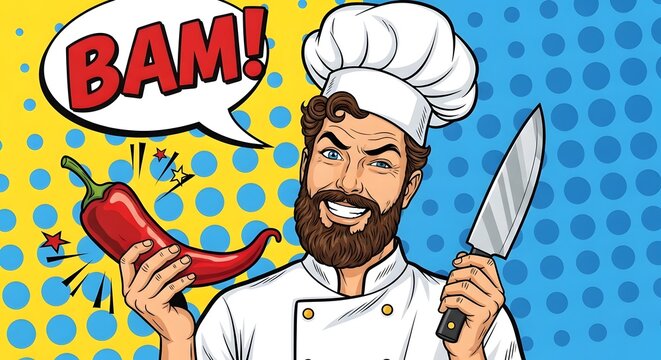 Excited cartoon chef in vibrant pop art style, joyfully holding a fiery chili pepper and a sharp knife, ready to bring bold flavor with a powerful 'BAM!' expression