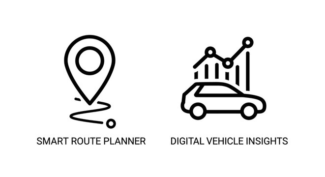 Smart route planner and digital vehicle insights telematics icon set
