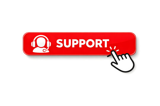 Hand pressing red support button with headset icon for customer service assistance