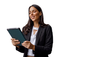 Fototapeta premium Businesswoman smiling, holding a tablet, engaging with digital technology for work, communication, and connectivity, transparent background