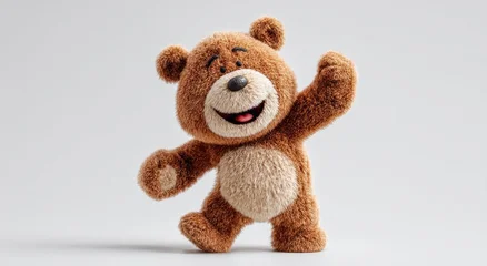 Fototapete Tierärzte Cheerful teddy bear with fuzzy fur, big smile, and raised arm, on a white backdrop  © Saifullah