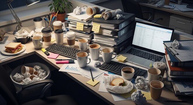 Cluttered Office Desk with Laptop and Coffee Cups