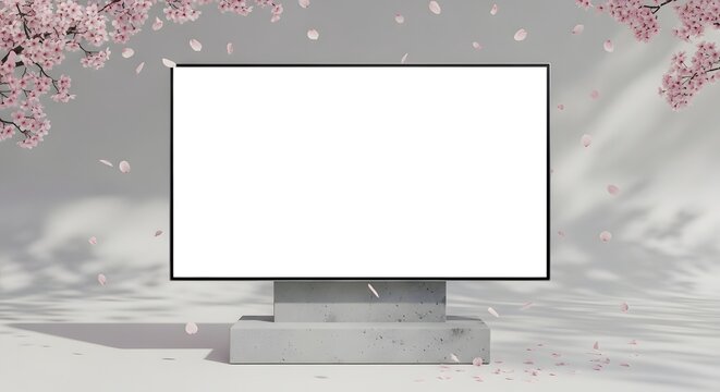 Modern White Display Screen on Concrete Stand in Pink Petal Scene