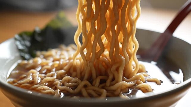 Delicious steaming bowl of instant ramen noodles with broth and seaweed in a