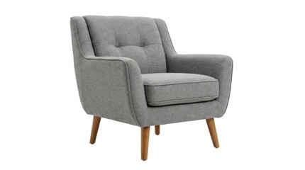 Fototapeta premium A grey armchair with wooden legs and a grey fabric upholstery.