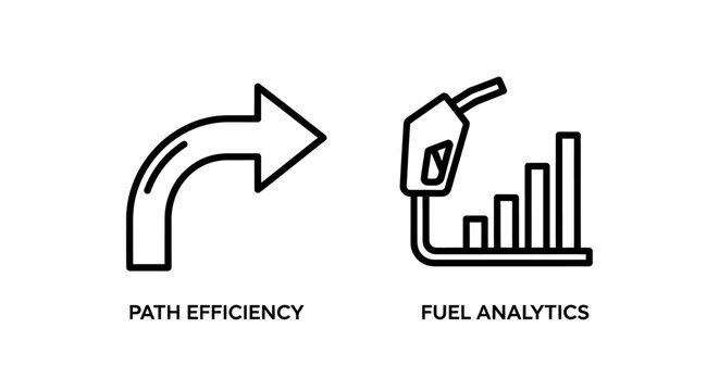 Logistics path efficiency and fuel analytics measurement icons with logistics