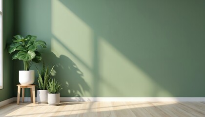 Fototapeta premium Empty room interior features green wall and wooden floor. Potted plants on stand near window. Sunlight casts shadows on wall. Minimalist home decor setting.
