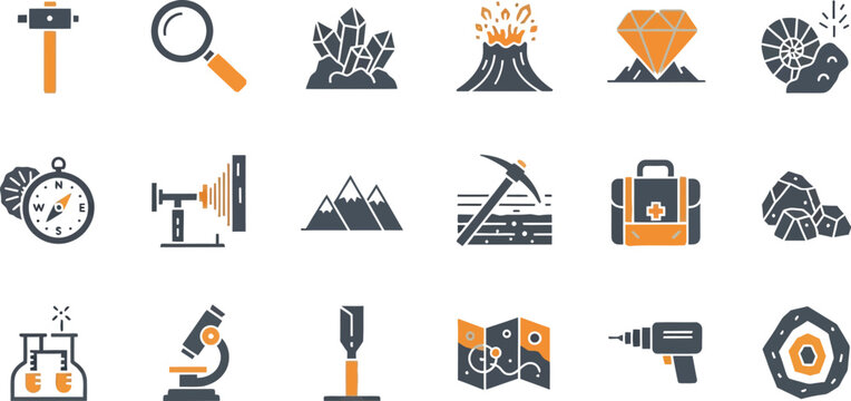 Collection of icons representing various scientific and geological tools and phenomena Vector