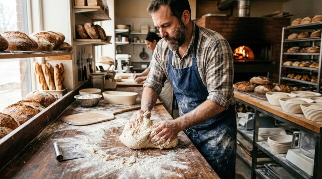 A man in an apron kneading dough in a bakery kitchen.
