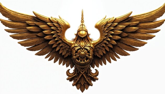 Golden valkyrie emblem with ornate helmet and large feathered wings. Features valknut symbol and crossed swords. Represents Norse mythology and warrior spirit, powerful ancient art.