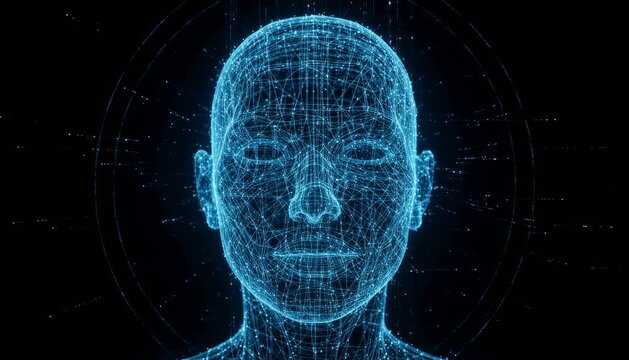Futuristic digital human face made of glowing blue neural network lines