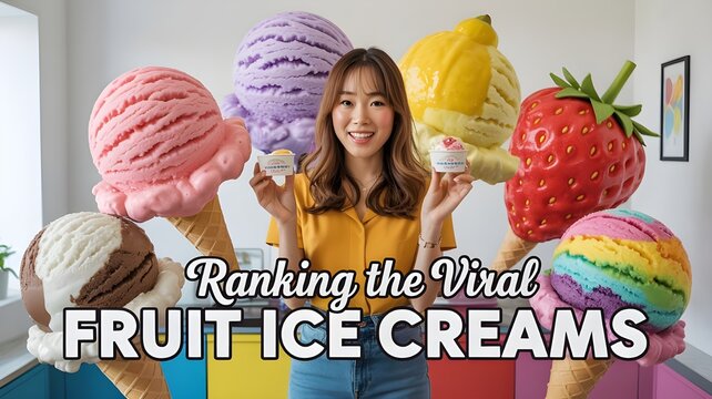 Fruit ice cream ranking thumbnail with person holding cups and giant colorful fruit‑shaped scoops in playful indoor setting