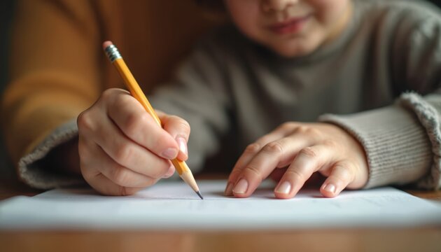 Mother helps child write with pencil on paper. Parent guides kid hand learning to form letters. Cozy home learning. Close-up focus on effort and care.