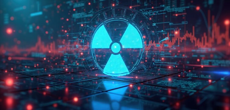 Glowing nuclear hazard symbol on digital data grid with red graph charts in background. Cyber punk style hazard warning for digital threat or global risk concept.
