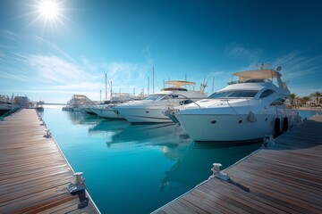 Fototapeta premium Exclusive resort yacht dock with luxury boats, clear water, sunny day, high end vacation lifestyle