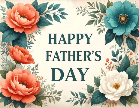 Happy Fathers Day floral card with colorful flowers and leaves on beige background for family and holiday celebrations vector illustration