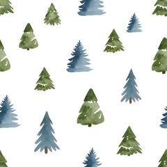 Obraz premium Watercolor seamless pattern of evergreen pine trees in shades of green and blue on a white background