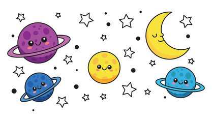 Outer Space Planet Elements Set, Cute Cartoon Galaxy Objects With Moon and Stars for Kids Design © Md