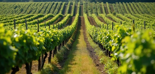 Naklejka premium Rows of young grape vines grow on a sunny farm field. Green plant leaves create lush patterns across rolling agricultural land. Vineyard cultivation for wine production in warm summer weather.