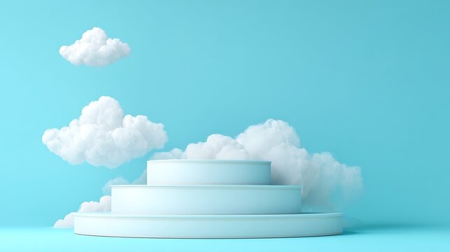 Fluffy white clouds floating in bright blue sky with soft shadows, minimalist 3d render fluffy clouds