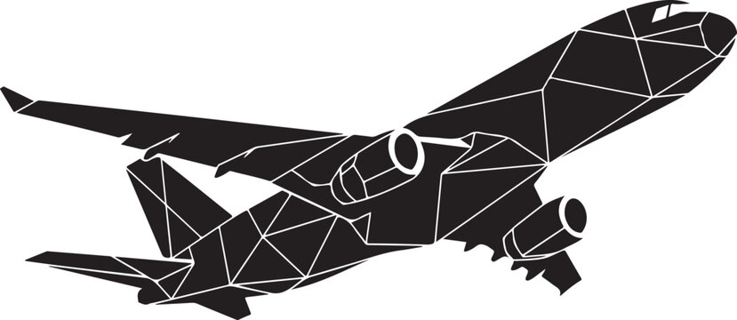 Black abstract polygon style airplane with geometric triangular surface pattern in flight