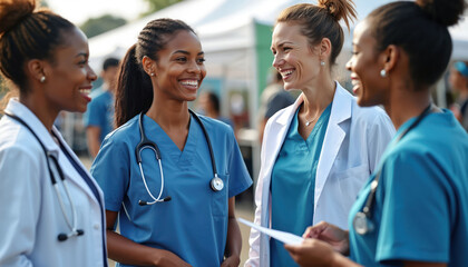 Naklejka premium Diverse medical professionals outdoors at a health fair with tents. Women in scrubs and lab coats smile, showing teamwork and care in a community setting.
