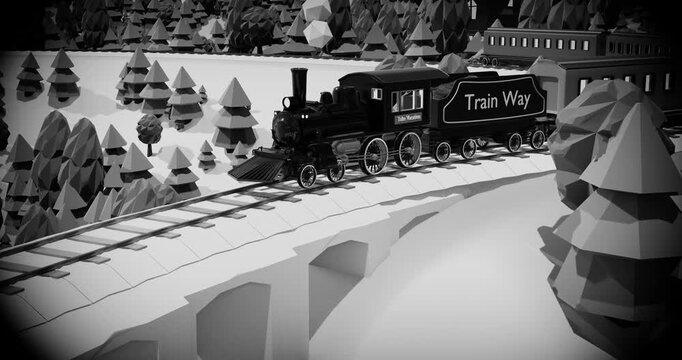 3d template design - Train, mountains and trees. Summer holiday. Time to travel. 3d render video.