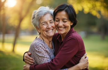 Naklejka premium Daughter hugs senior mother with grey hair in park. Two women share happy moment outdoors. Sunshine illuminates their joyful smiles, showing family love and connection. Both women are embracing.