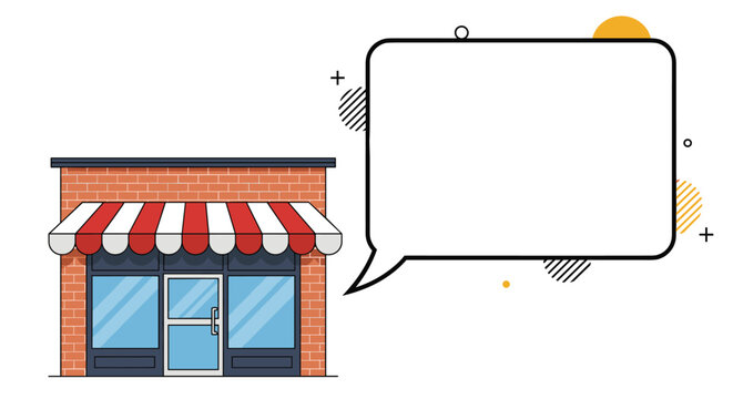 Simple storefront with a red and white awning features a large empty speech bubble for customized text or marketing messages.