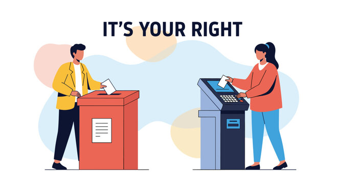 Civic participation is shown with two people casting their votes using a traditional ballot box and an electronic voting machine.