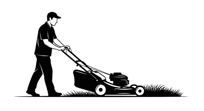 Man mowing a lawn with a rotary mower black silhouette