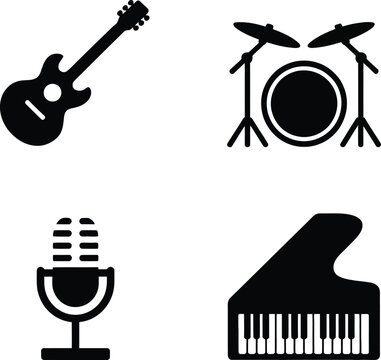 Icons representing musical instruments including a guitar drum set microphone piano with sound system music production music performance music equipment music studio music band music concer